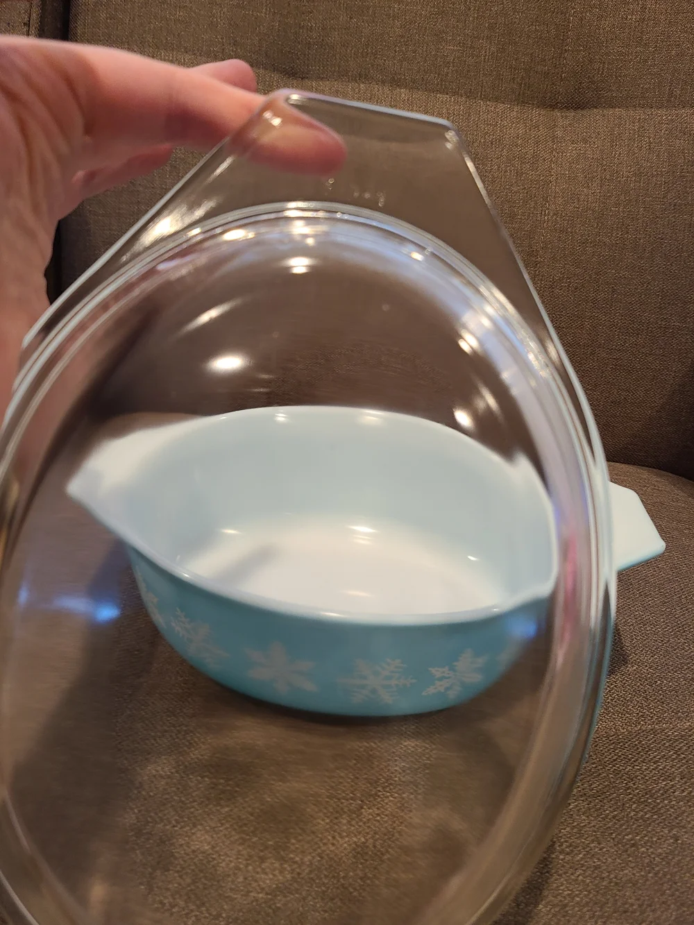 Vintage Pyrex Snowflake Turquoise oval casserole dish & lid
